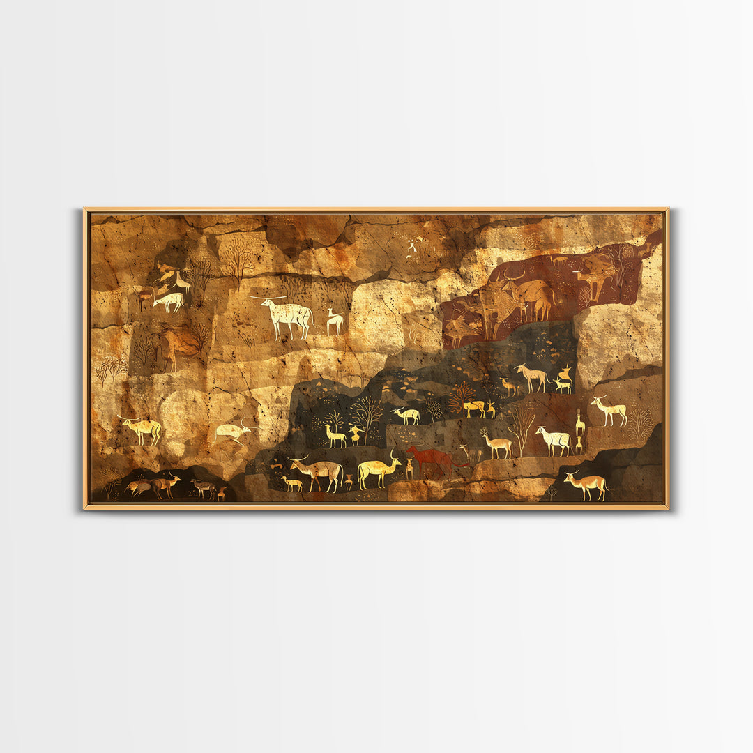 Ochre Cave Herd Rock Painting Canvas Print, African Animal Art, Tribal Wall Decor, Ancient Safari Artwork For Earth Tone Home
