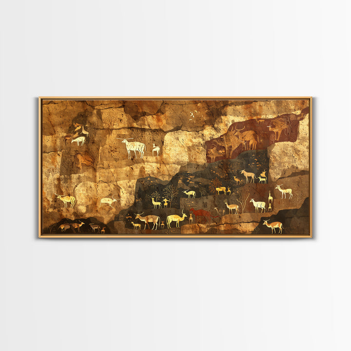 Ochre Cave Herd Rock Painting Canvas Print, African Animal Art, Tribal Wall Decor, Ancient Safari Artwork For Earth Tone Home