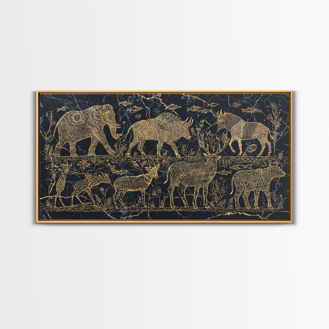Gold Safari Animal Linework With Elephants And Giraffes Wall Art, African Safari Art, Black And Gold Art, Living Room Decor