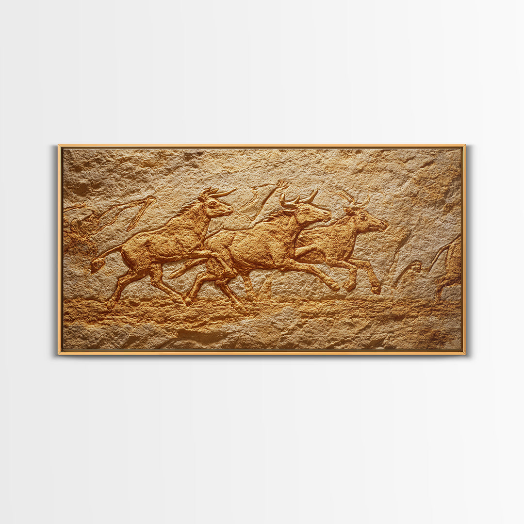 Carved Stone Antelope Herd In Ancient Cave Relief Wall Art, African Animal Art, Tribal Art Print, Earth Tone Decor, Rustic Home Decor
