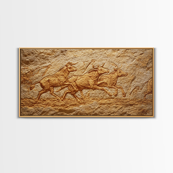Carved Stone Antelope Herd In Ancient Cave Relief Wall Art, African Animal Art, Tribal Art Print, Earth Tone Decor, Rustic Home Decor