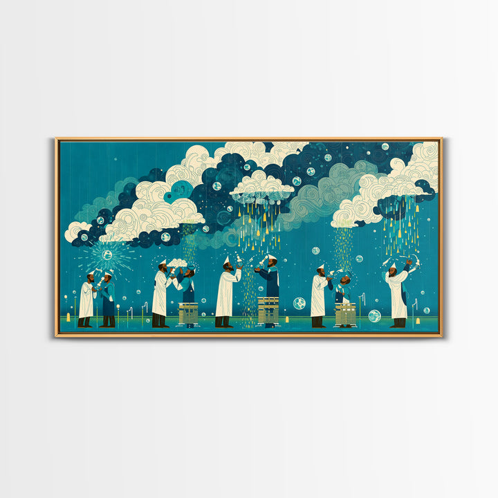 Scientists Harvesting Rain From Patterned Clouds Wall Art, Contemporary Art, Teal And Yellow Art, Modern Office Decor Gift