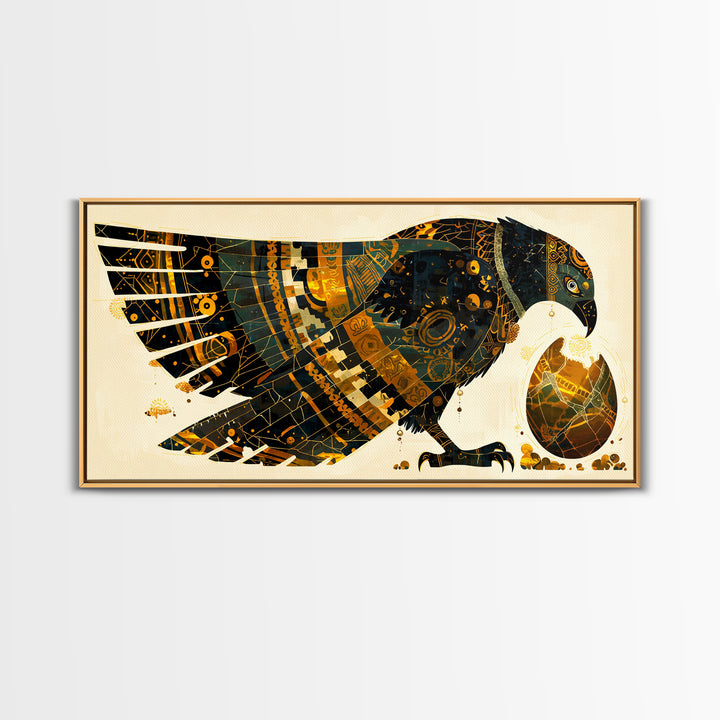 Ornate Egyptian Falcon With Golden Egg Canvas Print, African Egyptian Art, Black Gold Decor, Spiritual Wall Art Gift For Her