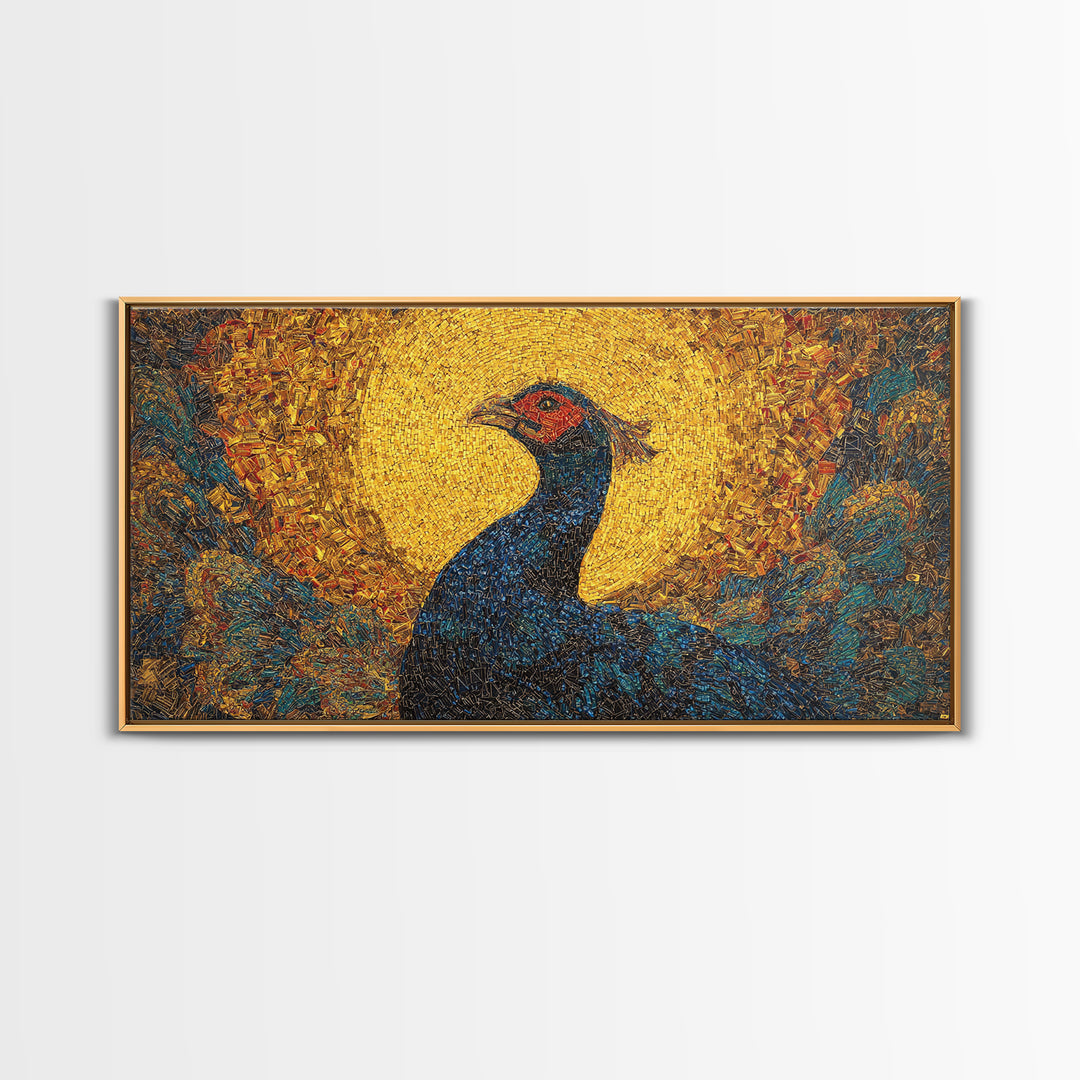 Blue Peacock Portrait Before Golden Sun Wall Art, African Inspired Bird Art, Textured Canvas Decor, Vibrant Living Room Gift
