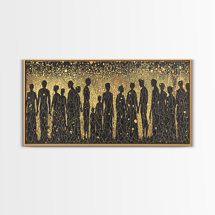 Gold African Silhouette Crowd Wall Art, Abstract Tribal Figures, Black And Gold Cultural Decor Canvas Print Gift For Office
