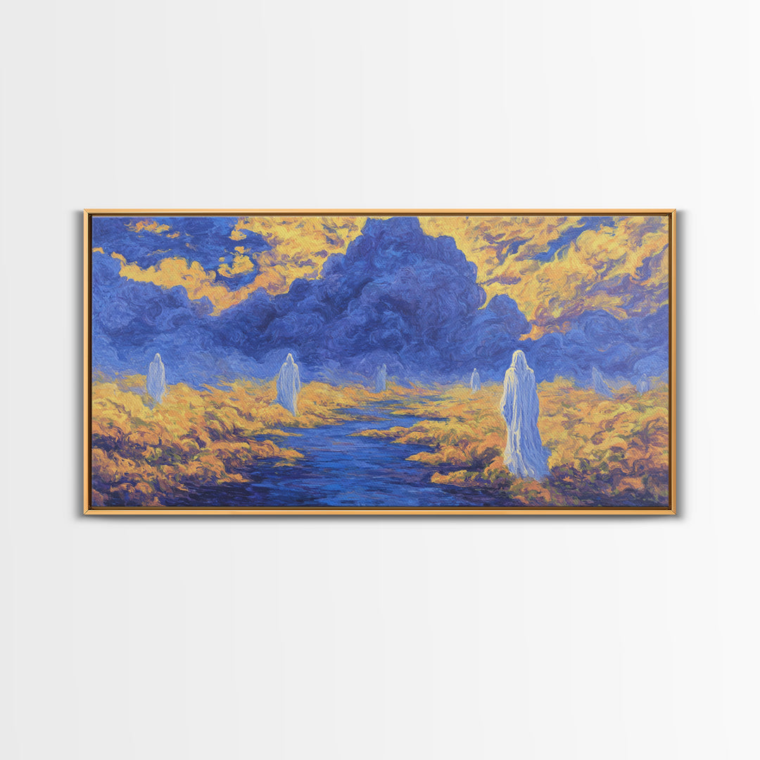 Blue Gold African Spirit Landscape Canvas Print, Mystical Savannah Wall Art, Dreamy Cultural Decor For Living Room And Office