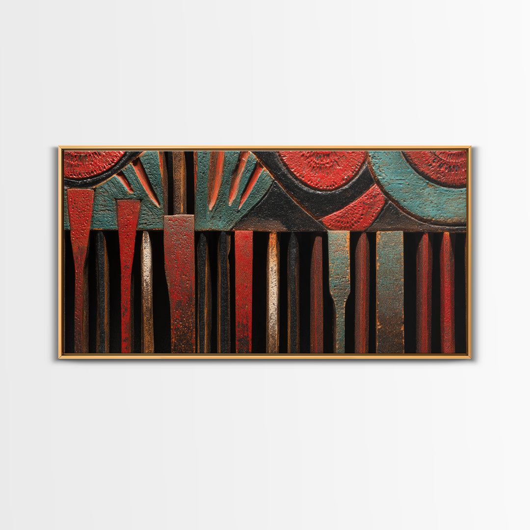 Red Teal Tribal Carved Wood Canvas Print, African Abstract Art, Ethnic Wall Decor, Bold Afrocentric Home Decor Gift For Living Room