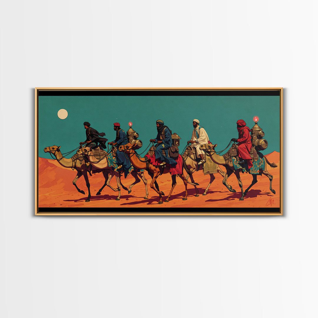 Camel Caravan Desert Travelers Wall Art, African Safari Art Print, Moroccan Travel Decor, Boho Southwestern Canvas Gift For Home