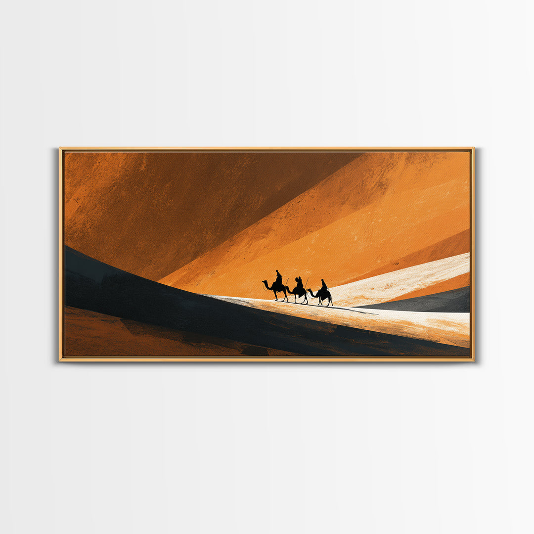 Minimal Camel Riders In Orange Dunes Canvas Print, African Landscape Wall Art, Desert Travel Poster, Earth Tone Decor Gift