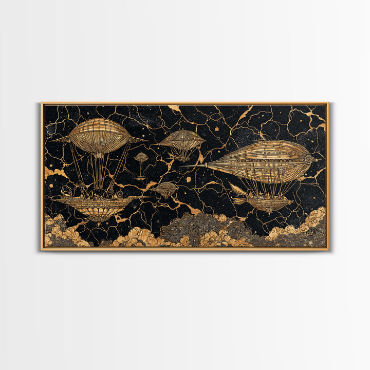Gold Airship Fantasy Over Black Marble Wall Art, African Inspired Steampunk Canvas Print, Unique Statement Decor Gift For Office