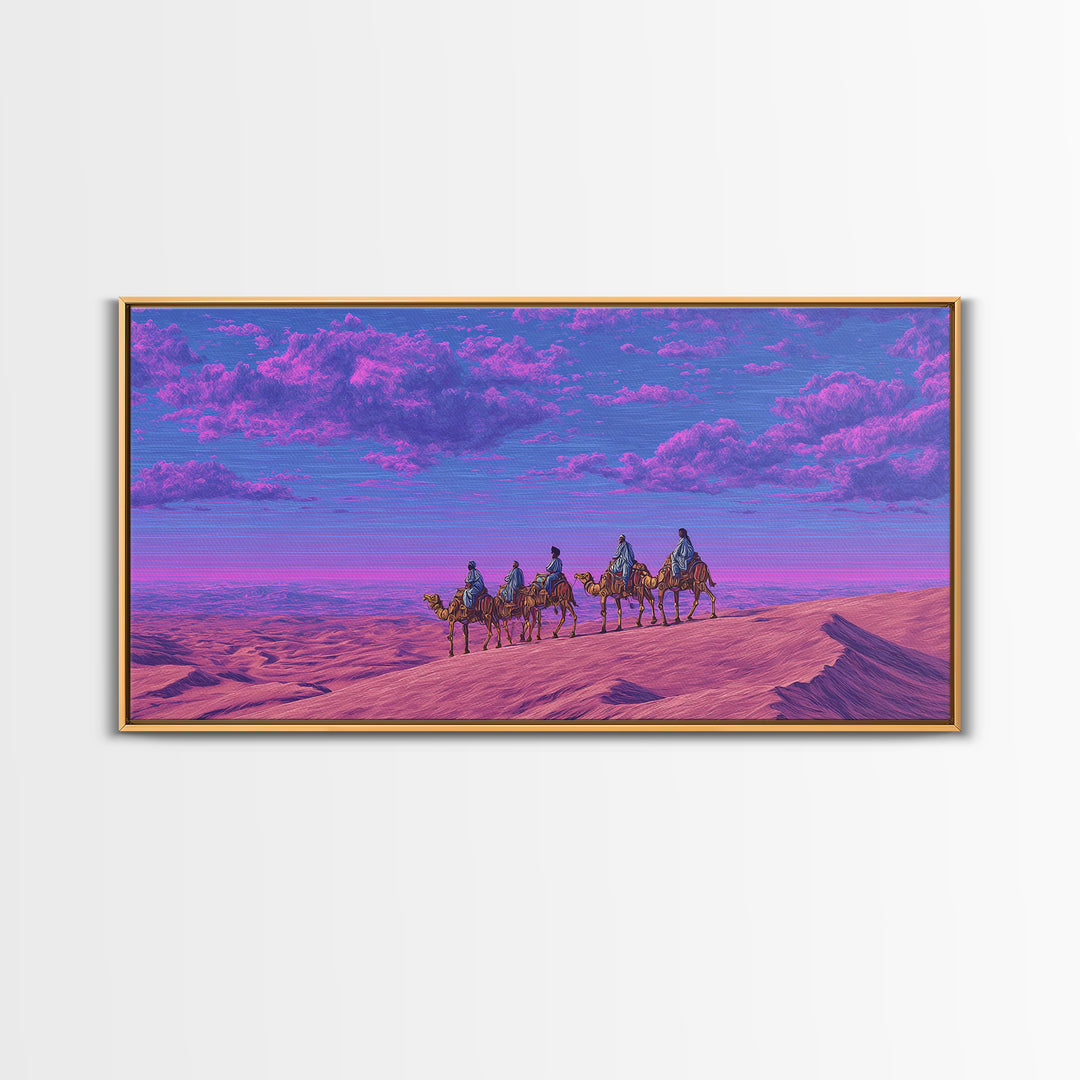 Purple Pink Camel Caravan Wall Art, Dreamy Desert Landscape Print, African Safari Art, Boho Travel Home Decor Gift For Living Room