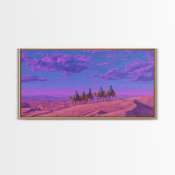 Purple Pink Camel Caravan Wall Art, Dreamy Desert Landscape Print, African Safari Art, Boho Travel Home Decor Gift For Living Room