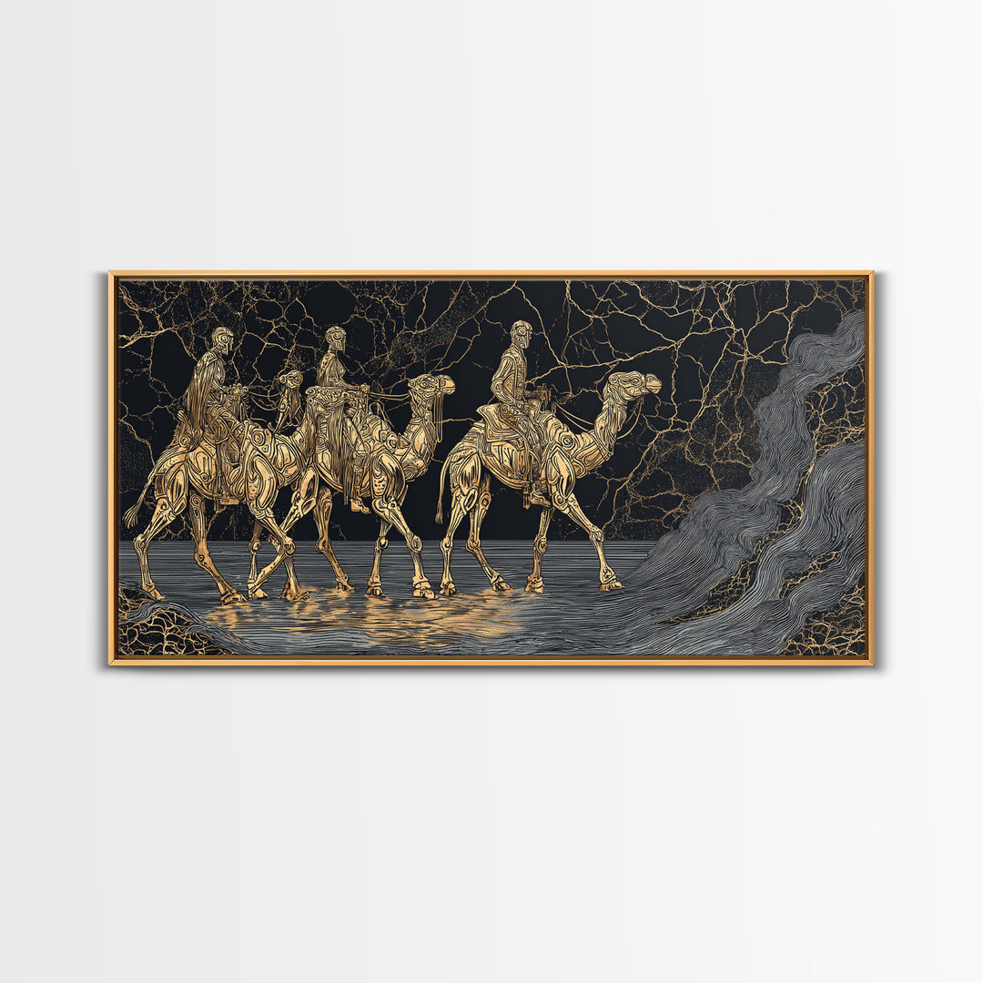 Gold Line Camel Riders Black Marble Wall Art, African Safari Canvas Print, Tribal Desert Decor, Modern Statement Gift For Home