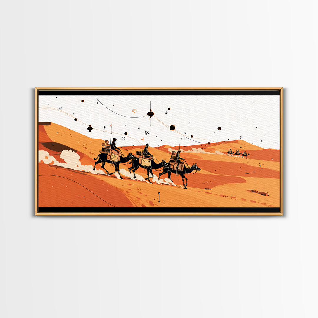 Orange Sahara Camel Caravan Wall Art, African Safari Art, Boho Desert Landscape, Modern African Decor, Travel Poster Gift
