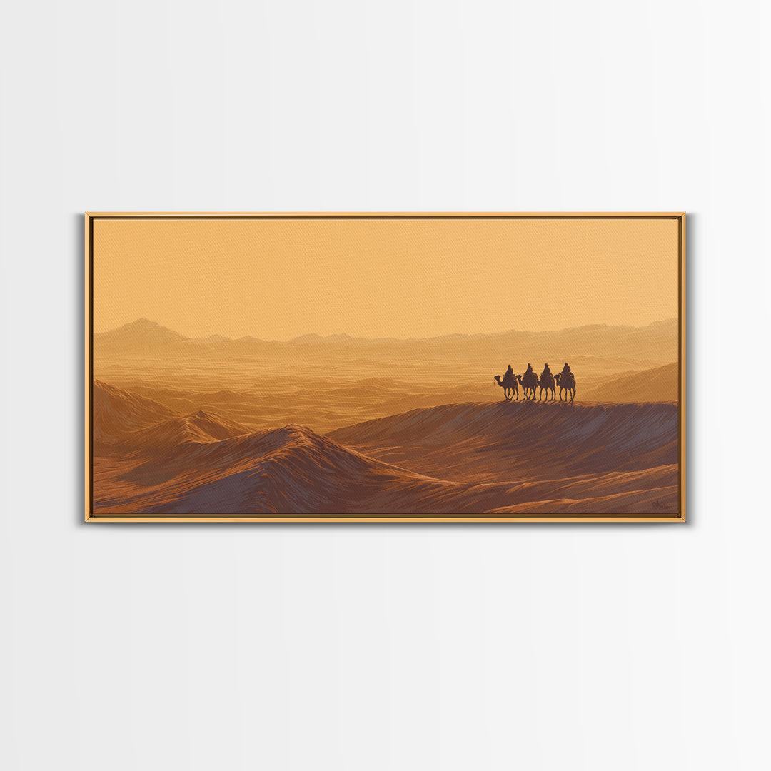 Golden Desert Caravan Silhouette Wall Art, African Landscape, Sahara Travel Poster, Earth Tone Wall Decor, Living Room Art