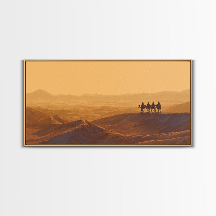 Golden Desert Caravan Silhouette Wall Art, African Landscape, Sahara Travel Poster, Earth Tone Wall Decor, Living Room Art