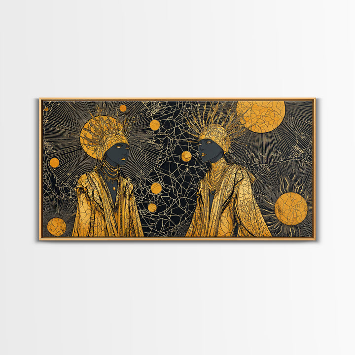 Two Regal African Women Canvas Print, Gold Celestial Portrait, Black Woman Art, Afrocentric Wall Art, Elegant Home Decor