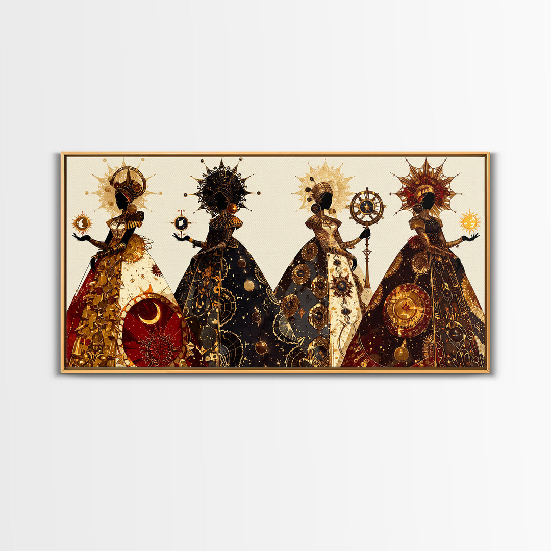 Four Celestial African Queens Framed Canvas Print, Black Goddess Art, Gold Spiritual Wall Decor, Afrocentric Artwork Gift