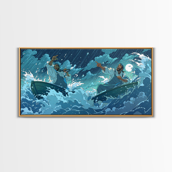 Stormy Sea Boatmen Wall Art, Blue Ocean Waves, African Inspired Spiritual Art, Fishermen Canvas, Dramatic Home Decor Gift
