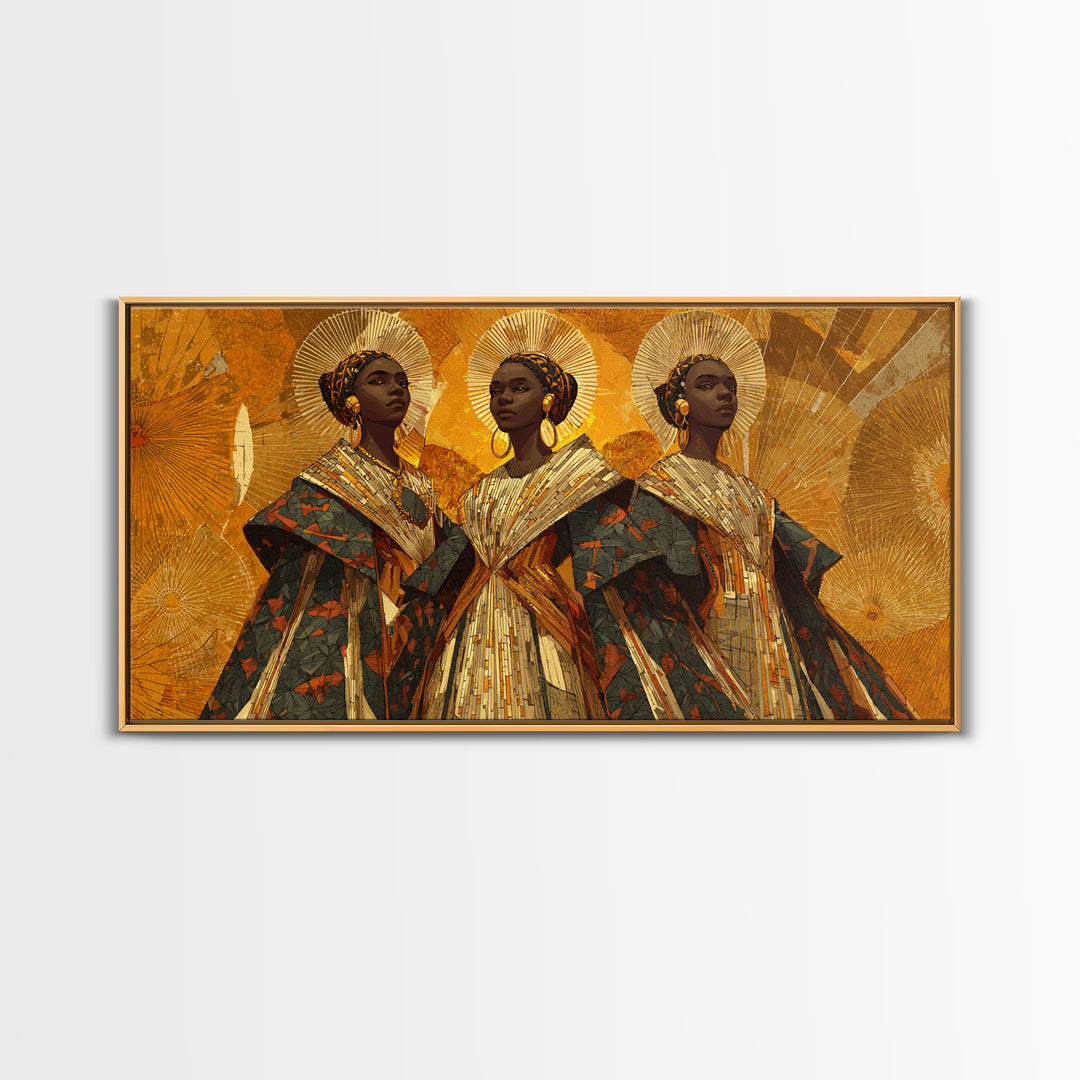 Three Regal African Women In Gold Halos Framed Canvas Print, African Wall Art, Black Queen Portrait, Afrocentric Decor Gift