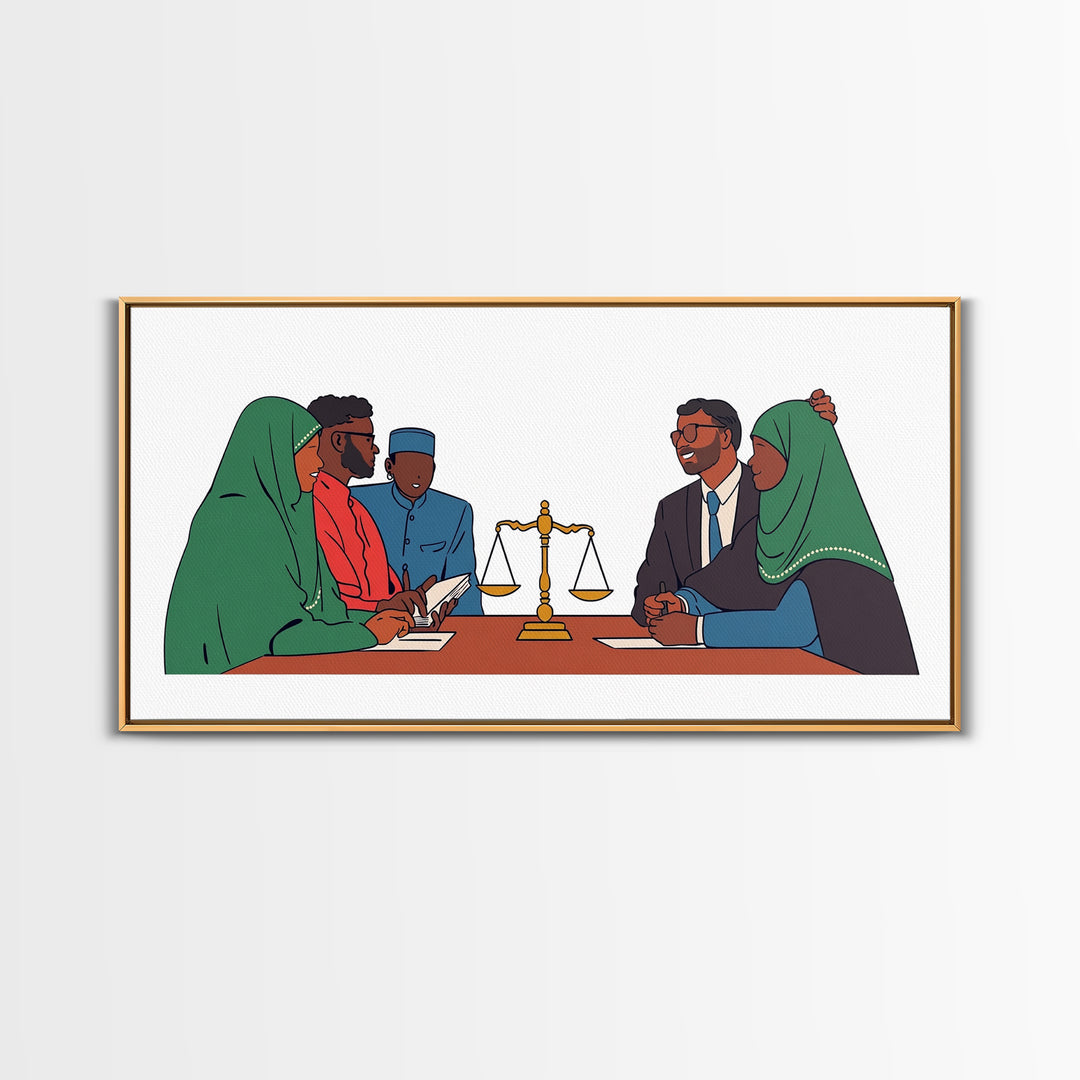 Muslim Family Mediation With Golden Scales Wall Art, Canvas Print, Legal Office Decor, Cultural Meeting Room Artwork Gift