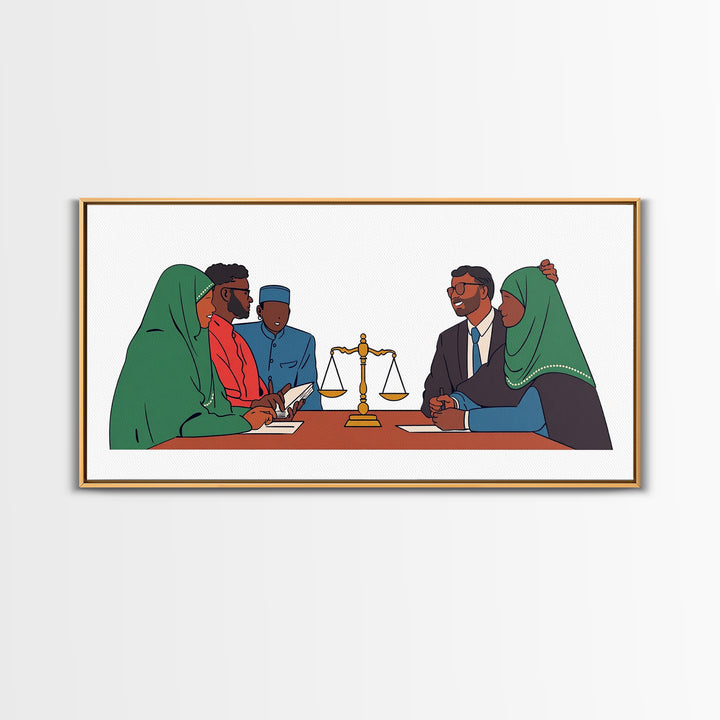 Muslim Family Mediation With Golden Scales Wall Art, Canvas Print, Legal Office Decor, Cultural Meeting Room Artwork Gift