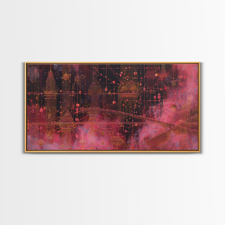 Crimson Circuit Dreamscape With Golden Towers Canvas Print, Modern African Art Abstract, Afrofuturism Decor, Bold Wall Decor