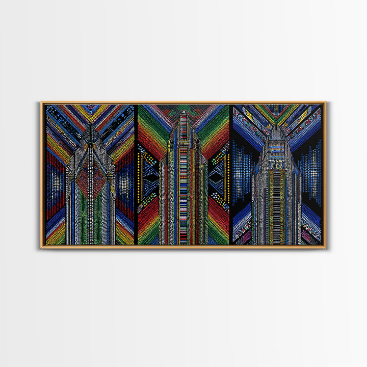 Geometric Beadwork Triptych Towers Wall Art, Abstract African Art, Ankara Pattern Decor, Modern Tribal Canvas Print Gift