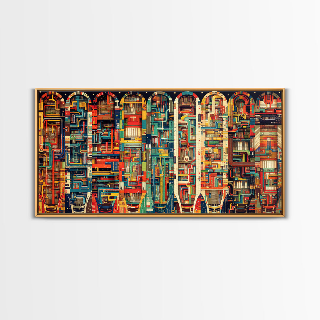 Vibrant Archway Circuit Maze Canvas Print, Colorful African Art Abstract, Afrofuturism Wall Art, Bold Living Room Decor Gift