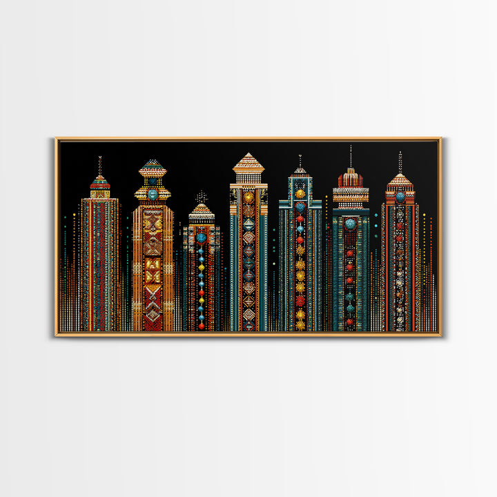 Ornate African Futurist Towers Framed Canvas Print, Tribal Pattern Wall Art, Black Culture Art, Elegant Home Decor, Unique Gift