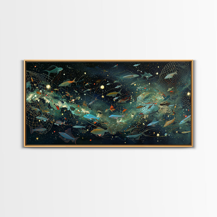 Cosmic Underwater Fish Galaxy Wall Art, Dreamy Ocean Canvas Print, African Inspired Nature Scene Art, Teal Modern Decor Gift