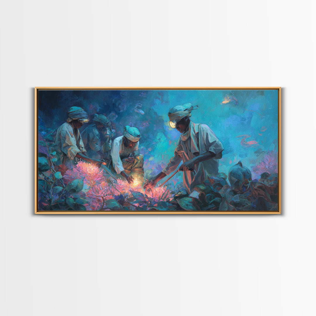 Blue Coral Harvest Divers Framed Canvas Print, African Ocean Wall Art, Contemporary Nature Scene, Unique Home Decor Gift