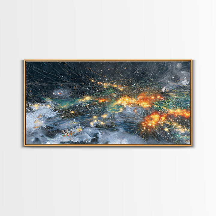 Celestial Ocean Storm With Glowing Boats Wall Art, Abstract African Art Print, Modern Coastal Decor, Night Sea Statement Piece