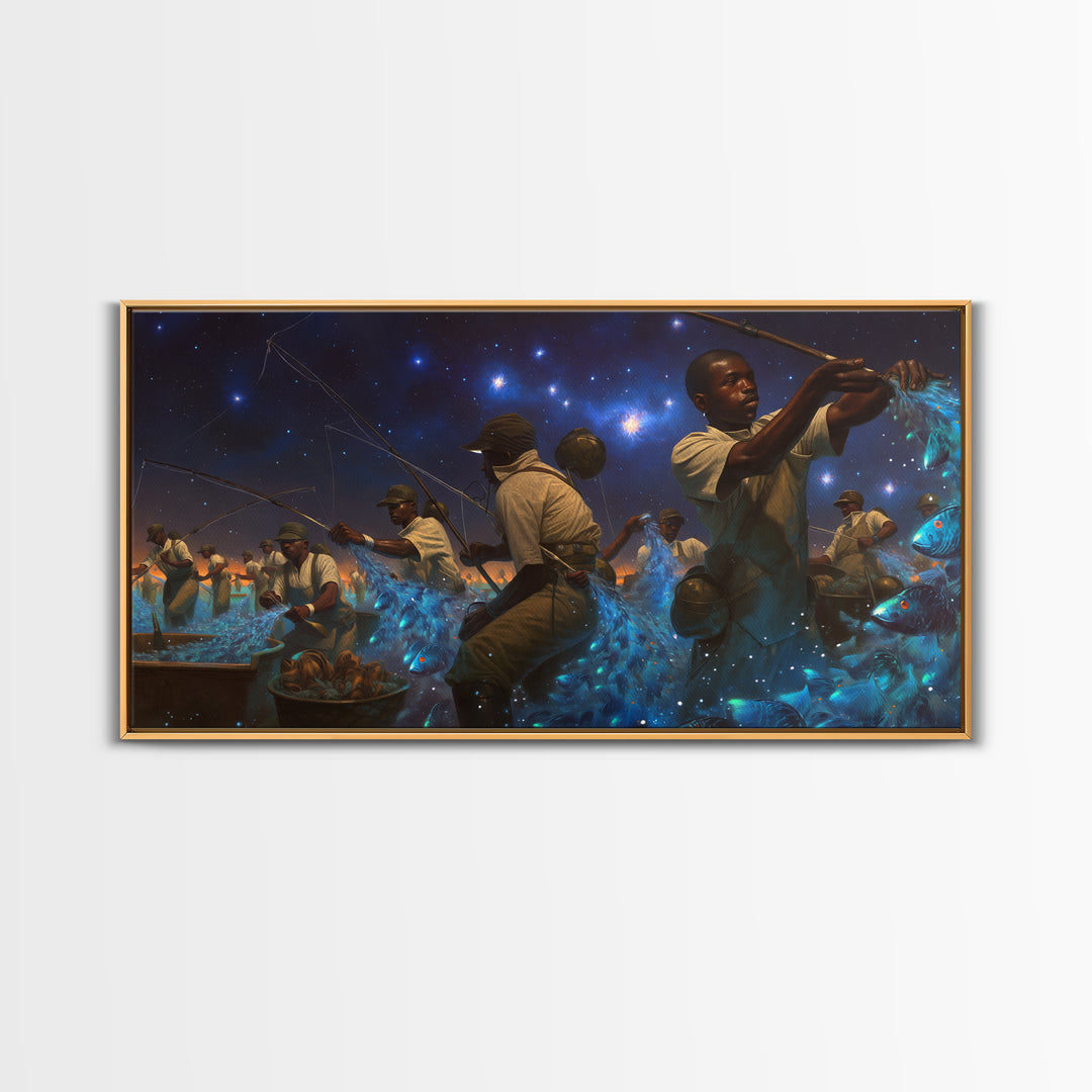 Starlit African Night Fishermen With Glowing Blue Fish Canvas Print, Afrocentric Wall Decor, Black Culture Art, Unique Home Decor