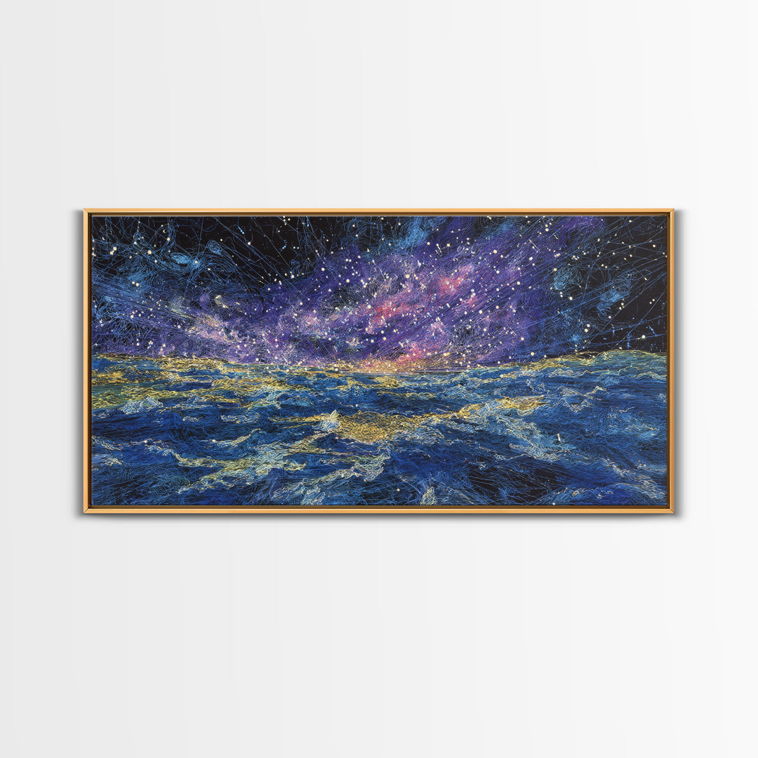 Galaxy Ocean Waves Under Starry Sky Canvas Print, Abstract Wall Art, Blue Gold Seascape, Dreamy Modern Home Decor, Large Decor Art