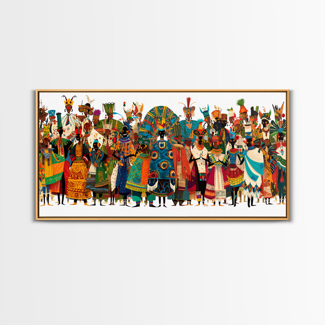 Vibrant African Tribal Festival Crowd With Masks Canvas Print, Afrocentric Wall Art, Colorful African Art, Cultural Decor