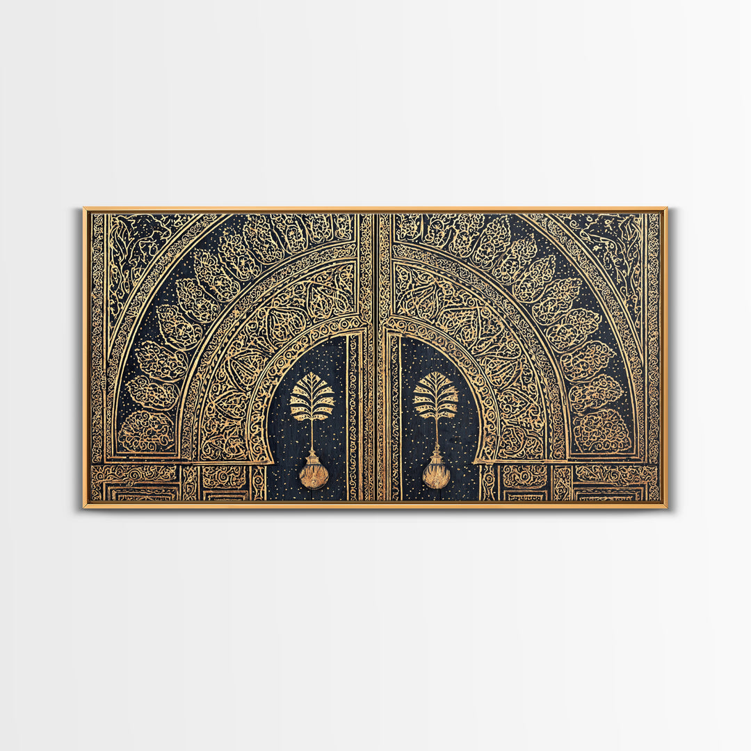 Gold Ornate African Arch Door With Palm Motifs Framed Canvas Print, Moroccan Wall Decor, Cultural Home Decor, Black Gold Art