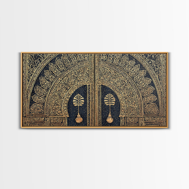 Gold Ornate African Arch Door With Palm Motifs Framed Canvas Print, Moroccan Wall Decor, Cultural Home Decor, Black Gold Art