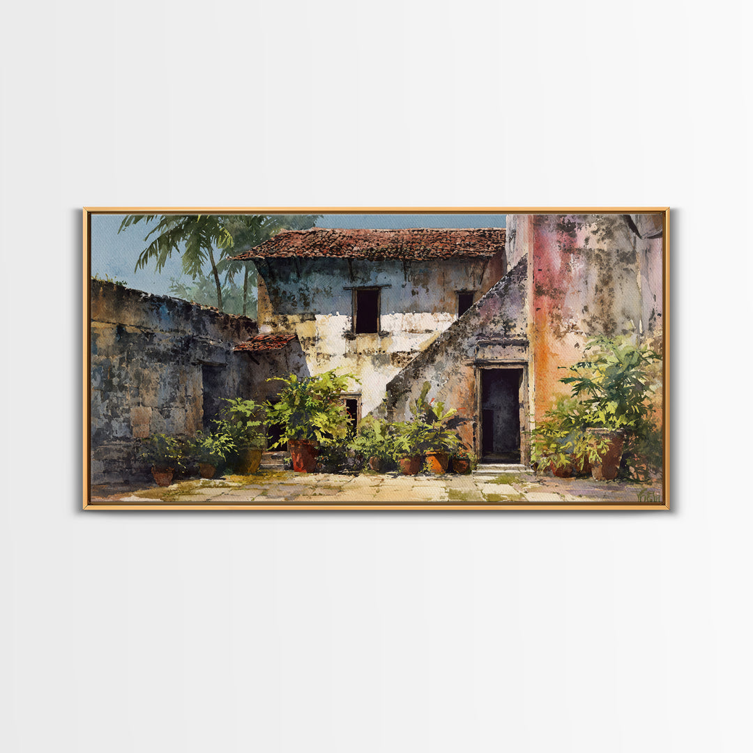 Weathered Blue African Courtyard Wall Art, Rustic Village Painting, African Home Decor, Cultural Wall Decor For Living Room