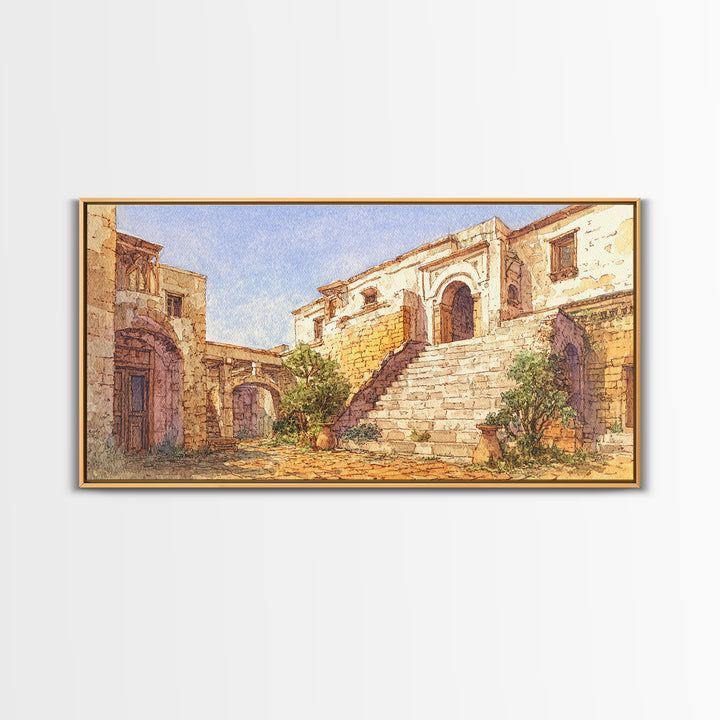 Sunlit Stone Stairway And Arches Framed Canvas Print, African Inspired Architecture Art, Beige Wall Art, Elegant Home Decor