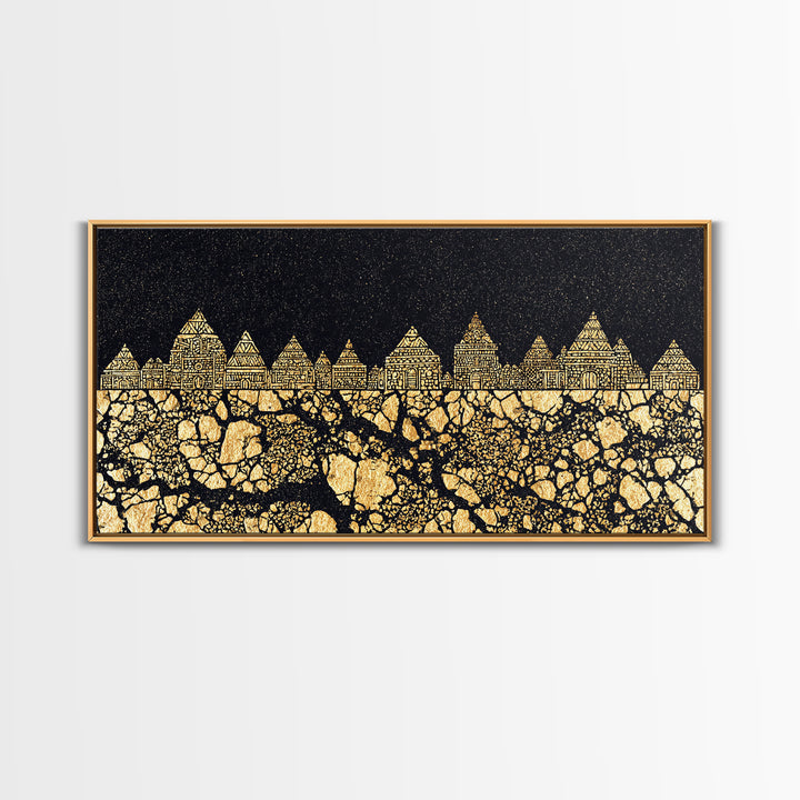 Golden Tribal Village Under Stars Canvas Print, African Tribal Art, Black And Gold Art, Cultural Wall Decor, Statement Piece