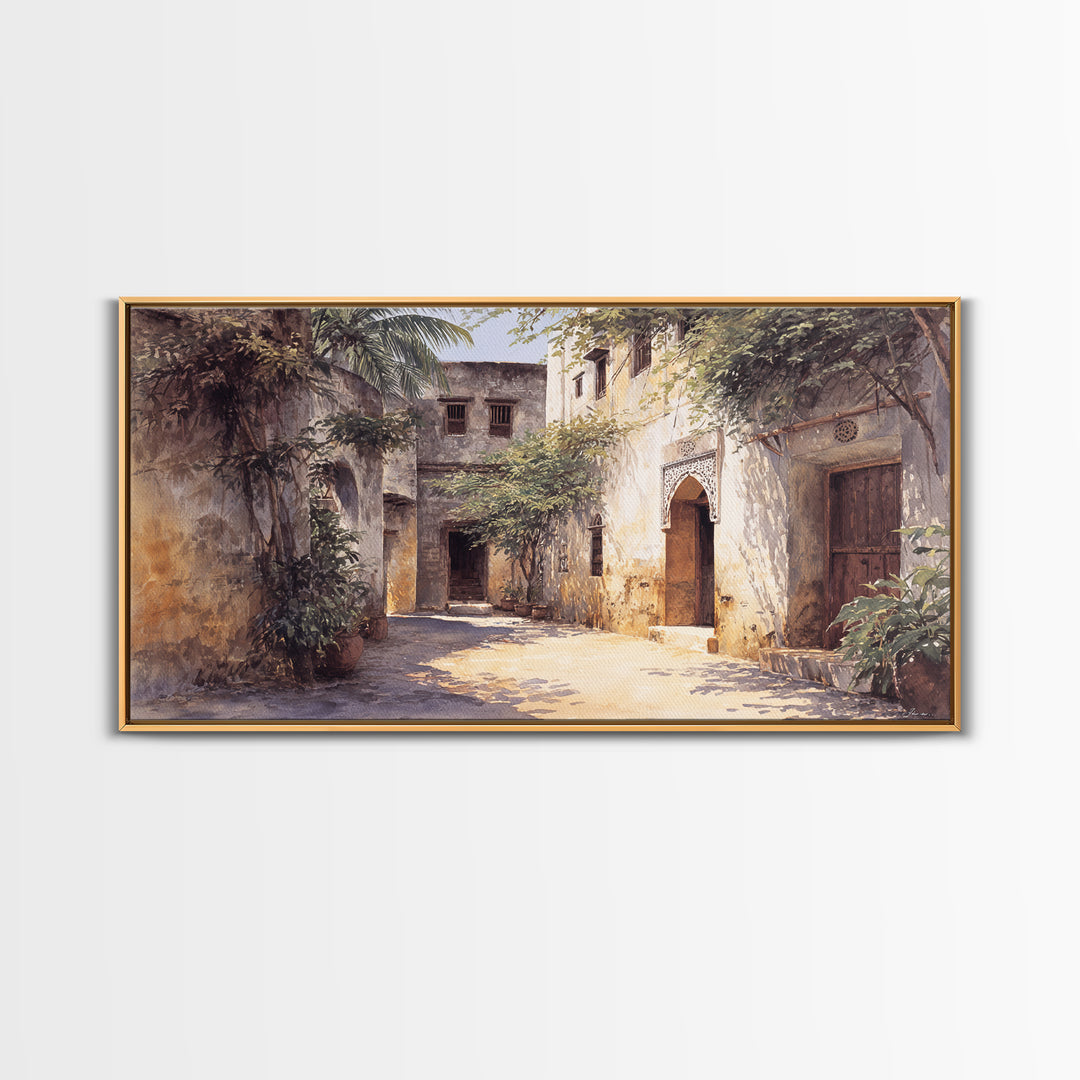 Shaded Tropical African Courtyard Wall Art, Old Stone Doorway Painting, African Home Decor, Boho Wall Decor, Unique Gift