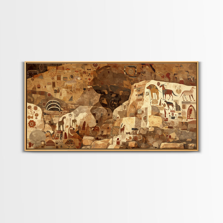 Ancient Sahara Cave Mural With Tribal Animals Wall Art African Safari Art, Earth Tone Cultural Decor For Living Room Statement Piece