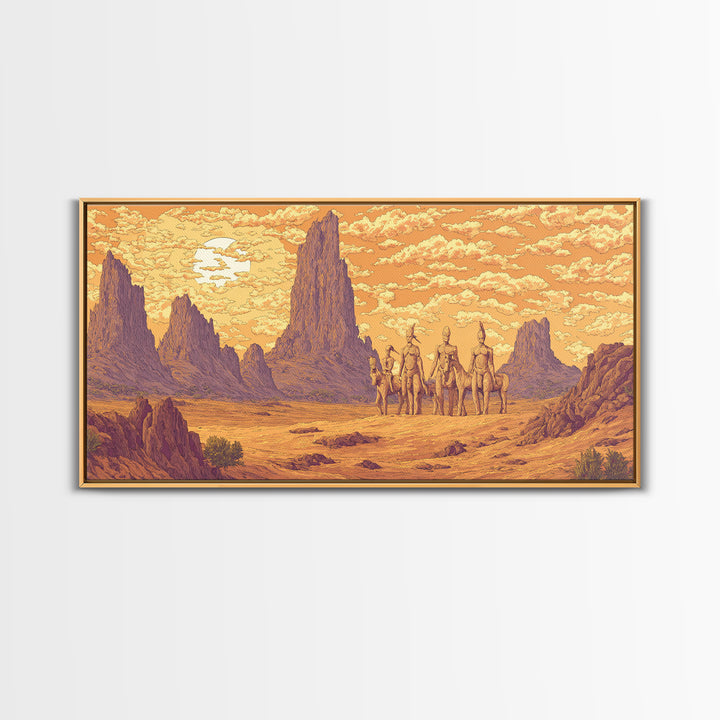 Five Desert Warriors Beneath Orange Sun Canvas Print African Warrior Art, Tribal Landscape Decor, Bold Southwest Wall Art Print
