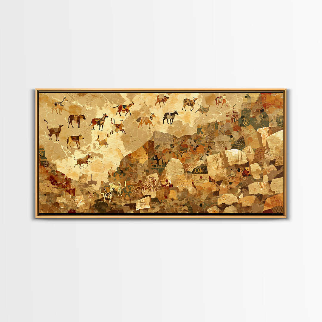 Ancient Herds Above Earthen Village Wall Art African Safari Art, Tribal Culture Landscape, Earth Tone Home Decor For Living Room