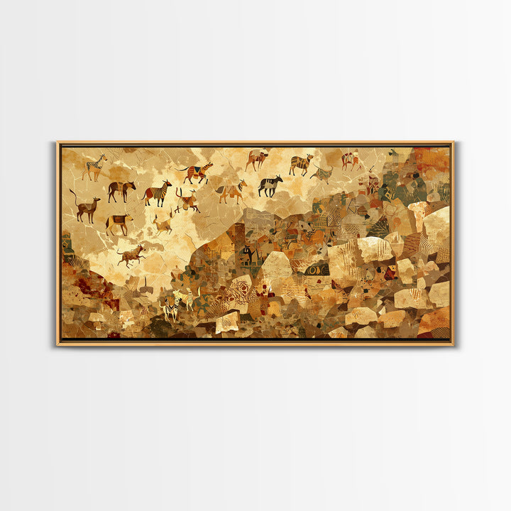 Ancient Herds Above Earthen Village Wall Art African Safari Art, Tribal Culture Landscape, Earth Tone Home Decor For Living Room