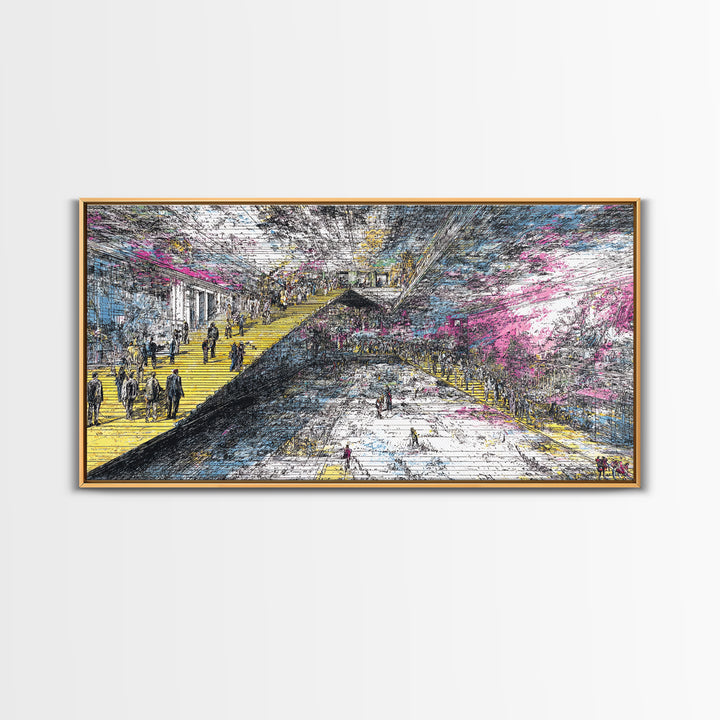 Futuristic City Transit Sketch With Yellow Stairs Wall Art, Urban Modern Art Print, Abstract Gallery Decor, Statement Canvas