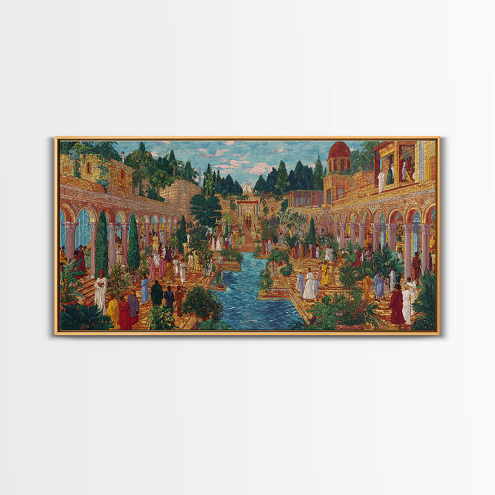Lush Palace Garden With Arches And Pool Framed Canvas Print, African Inspired Wall Art, Elegant Cultural Home Decor Gift