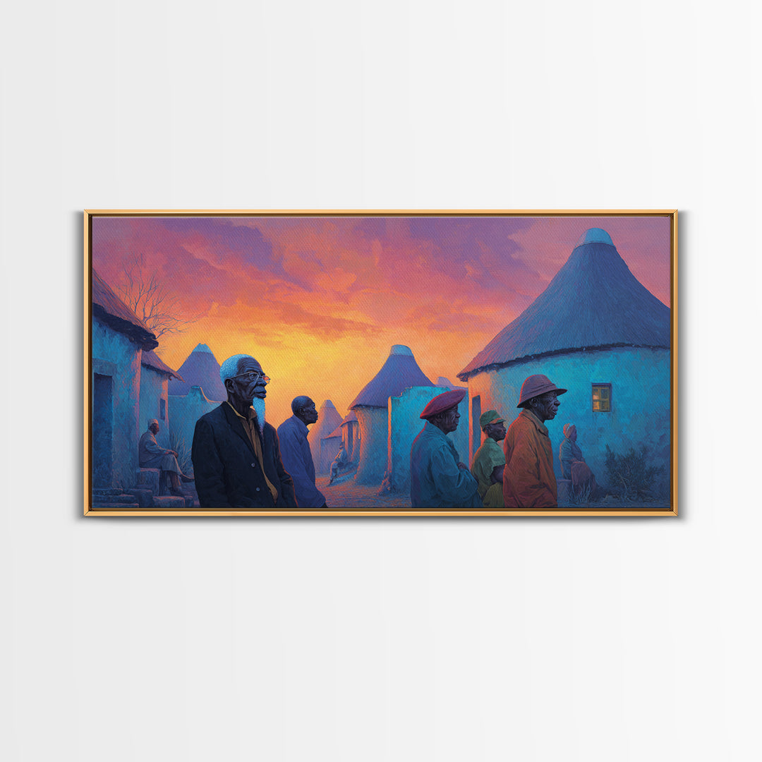 Blue Round Huts At Fiery Sunset Wall Art, African Village Painting, Afrocentric Decor, Cultural Landscape Canvas Print Gift