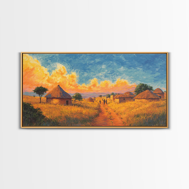 Golden Savanna Huts Under Brilliant Clouds Canvas Print, African Landscape Wall Art, Safari Decor, Motherland Home Art Gift